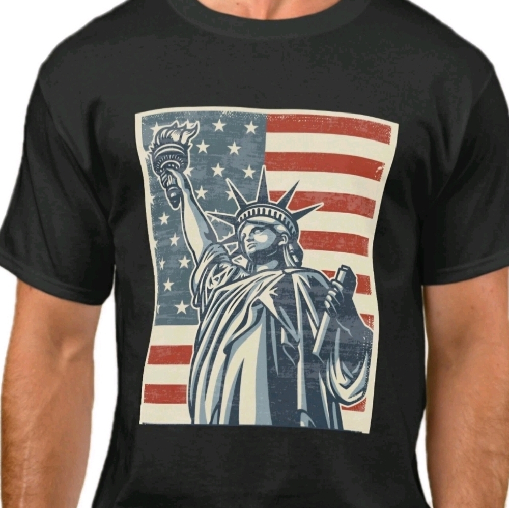 Black Graphic T-Shirt with Statue of Liberty Design